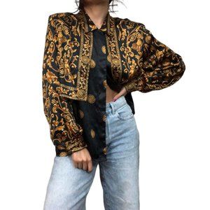 Vinatge 80s 90s Laura & Jayne Collection Black Gold Barocade Pattern Blouse